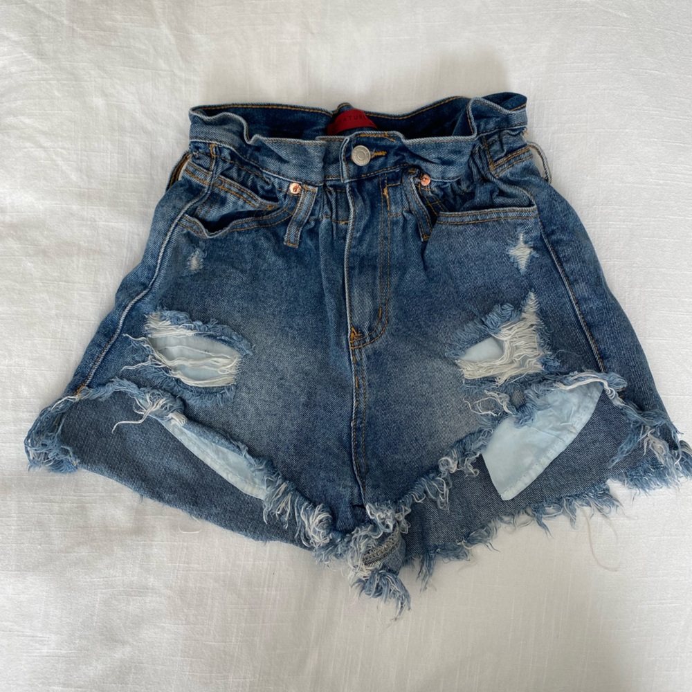 Paper bag high waisted jean shorts